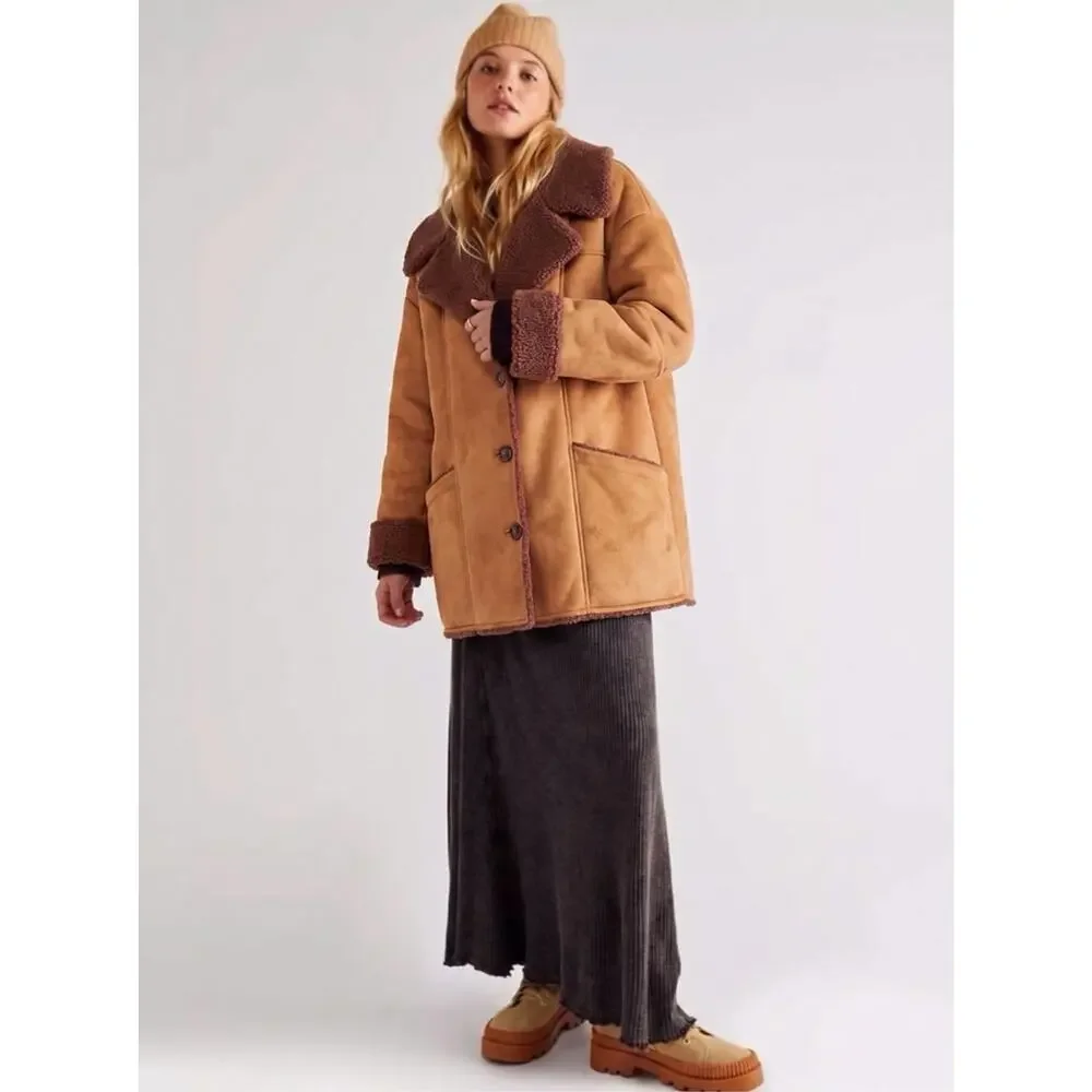 Free People Western Bohemian Retro 70s Faux Sherpa Suede Diogo Coat Size XL